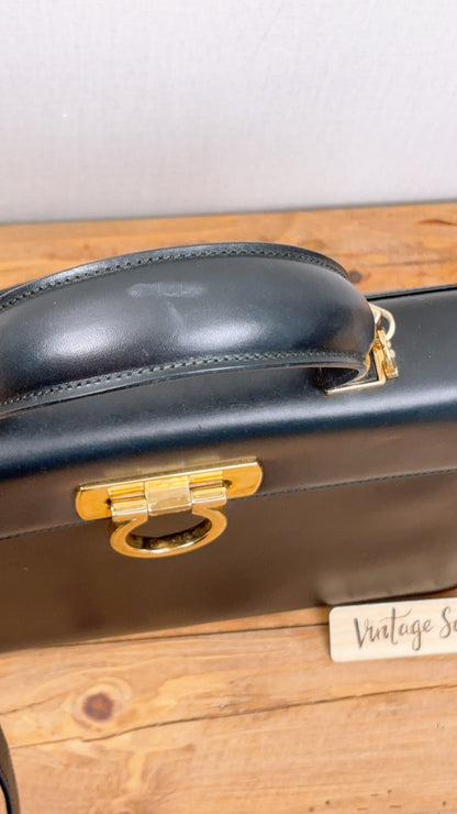 Salvatore Ferragamo Black Box Leather Gancini Vintage Top Handle Bag