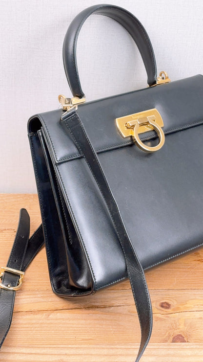 Salvatore Ferragamo Black Box Leather Gancini Vintage Top Handle Bag