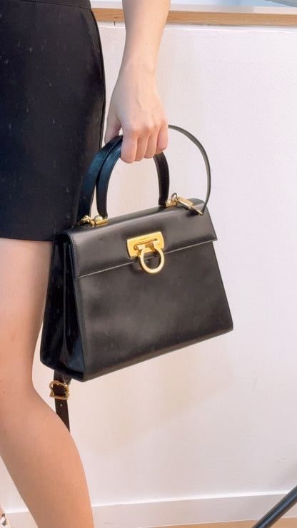 Salvatore Ferragamo Black Box Leather Gancini Vintage Top Handle Bag