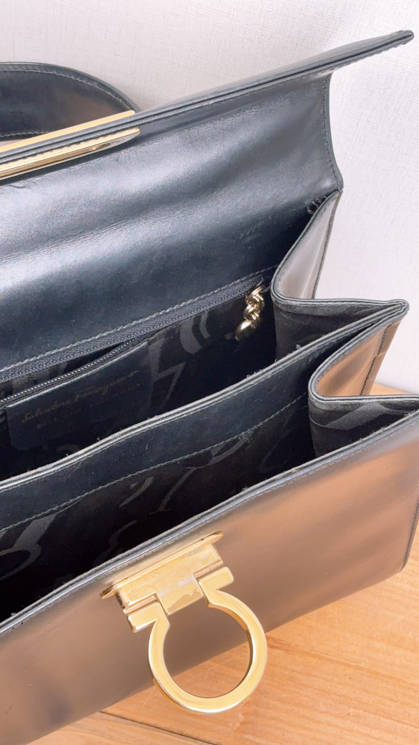 Salvatore Ferragamo Black Box Leather Gancini Vintage Top Handle Bag