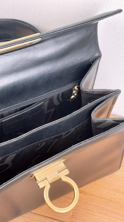 Salvatore Ferragamo Black Box Leather Gancini Vintage Top Handle Bag