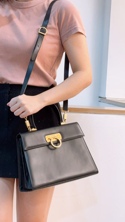 Salvatore Ferragamo Black Box Leather Gancini Vintage Top Handle Bag