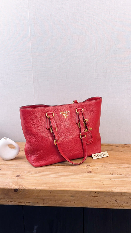 Prada Red Vitello Daino Tote Bag