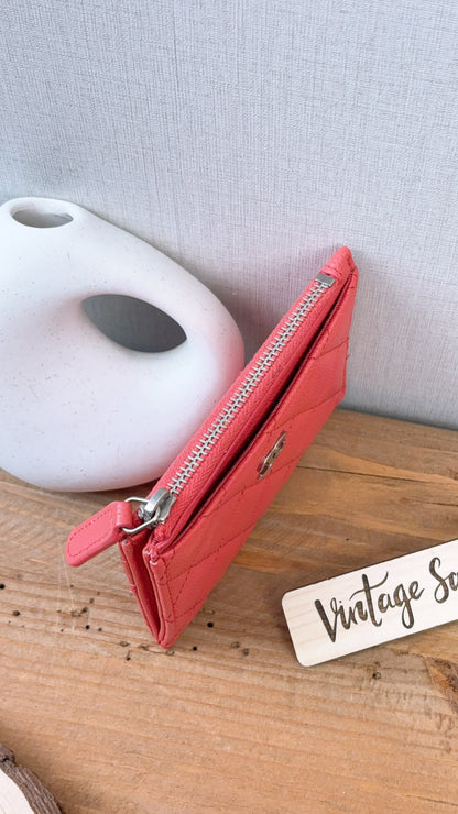 Chanel Coral Pink Caviar Zipped Card Holder (SHW)