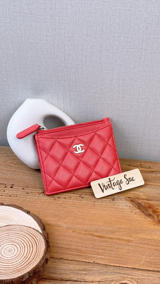 Chanel Coral Pink Caviar Zipped Card Holder (SHW)