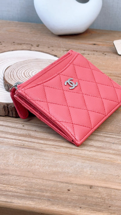 Chanel Coral Pink Caviar Zipped Card Holder (SHW)