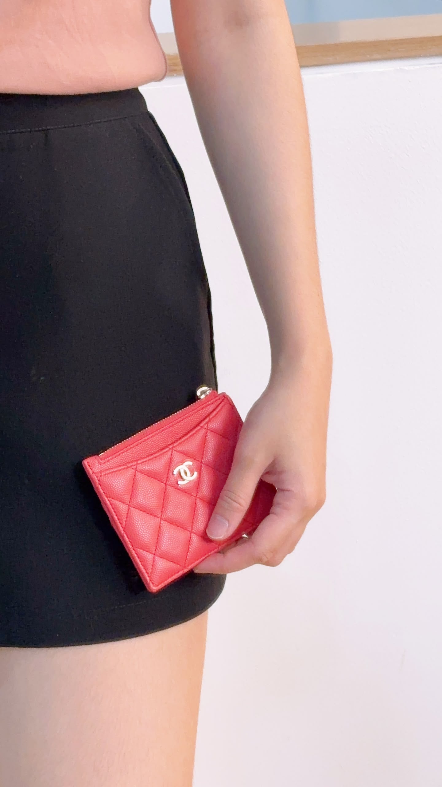 Chanel Coral Pink Caviar Zipped Card Holder (SHW)