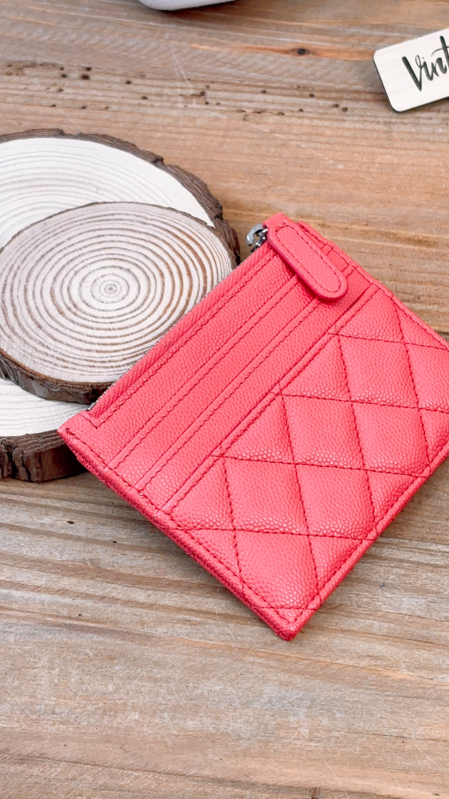 Chanel Coral Pink Caviar Zipped Card Holder (SHW)