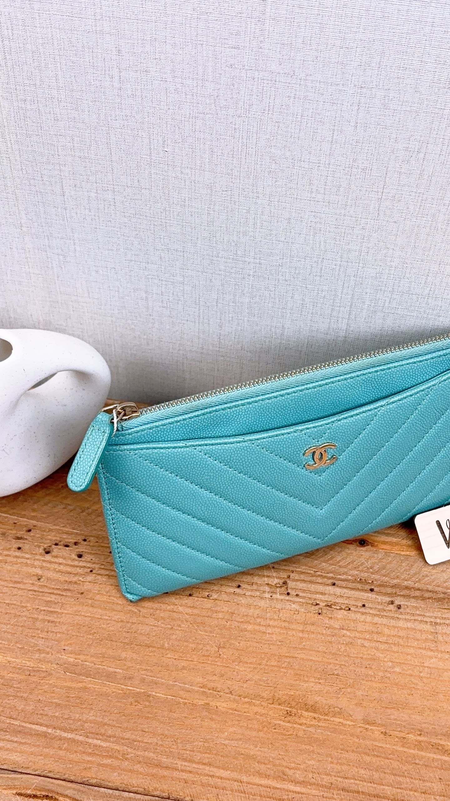 Chanel Turquoise Caviar Zip Slim Wallet (LGHW)