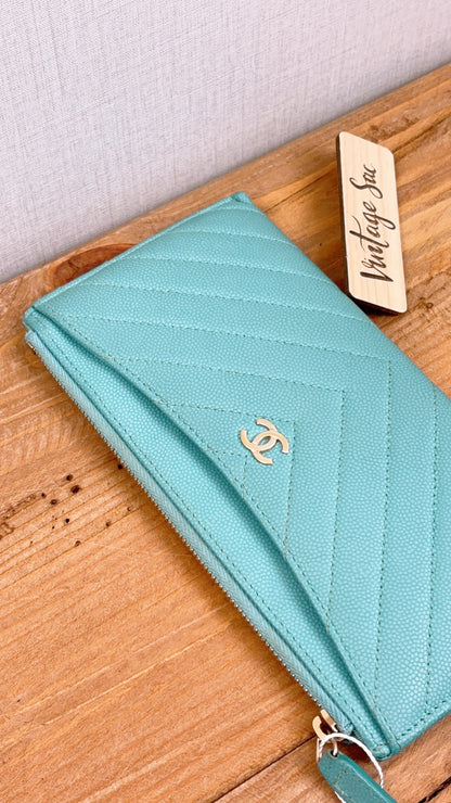 Chanel Turquoise Caviar Zip Slim Wallet (LGHW)