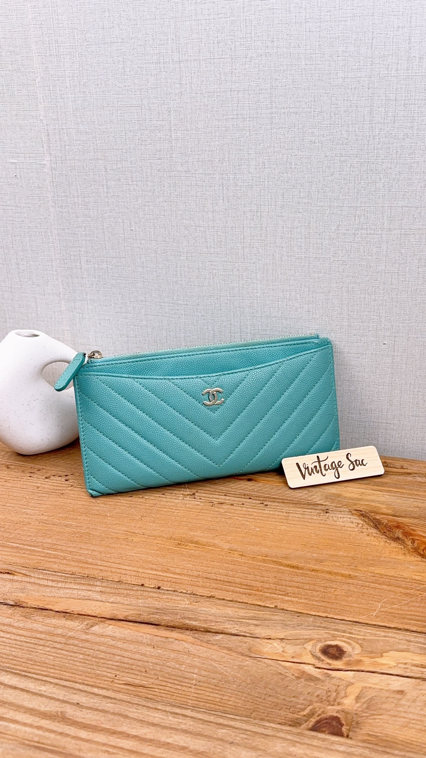 Chanel Turquoise Caviar Zip Slim Wallet (LGHW)