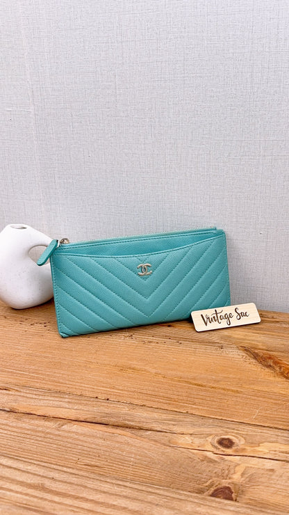 Chanel Turquoise Caviar Zip Slim Wallet (LGHW)