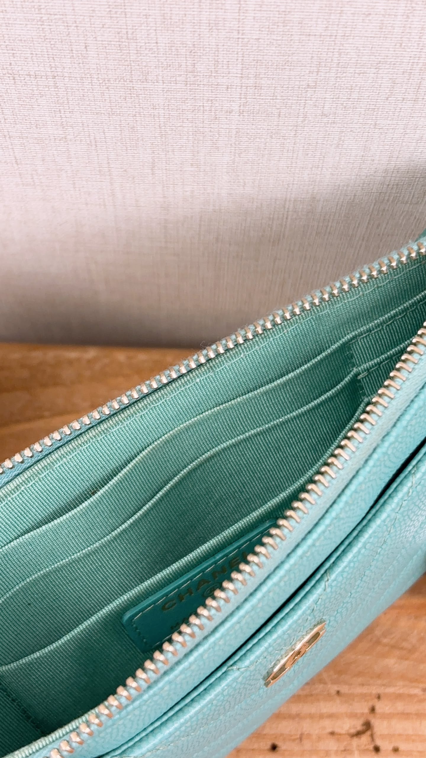 Chanel Turquoise Caviar Zip Slim Wallet (LGHW)