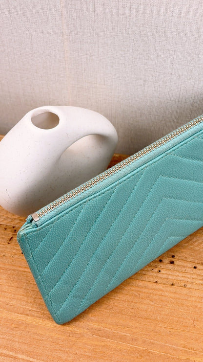 Chanel Turquoise Caviar Zip Slim Wallet (LGHW)
