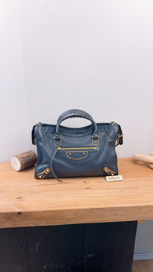 Balenciaga Navy Metallic Edge Medium City Bag (GHW)