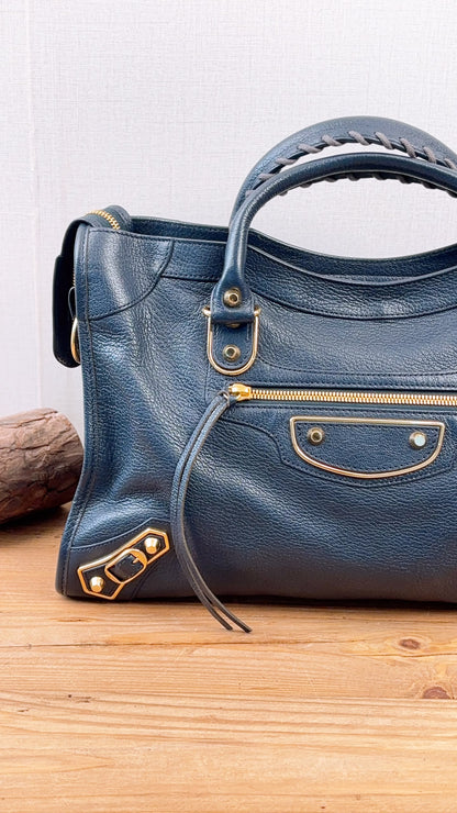 Balenciaga Navy Metallic Edge Medium City Bag (GHW)