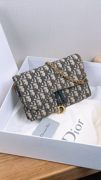 Dior Navy Oblique Large Saddle Pouch w Chain