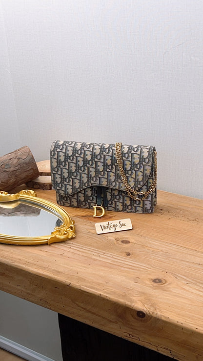 Dior Navy Oblique Large Saddle Pouch w Chain
