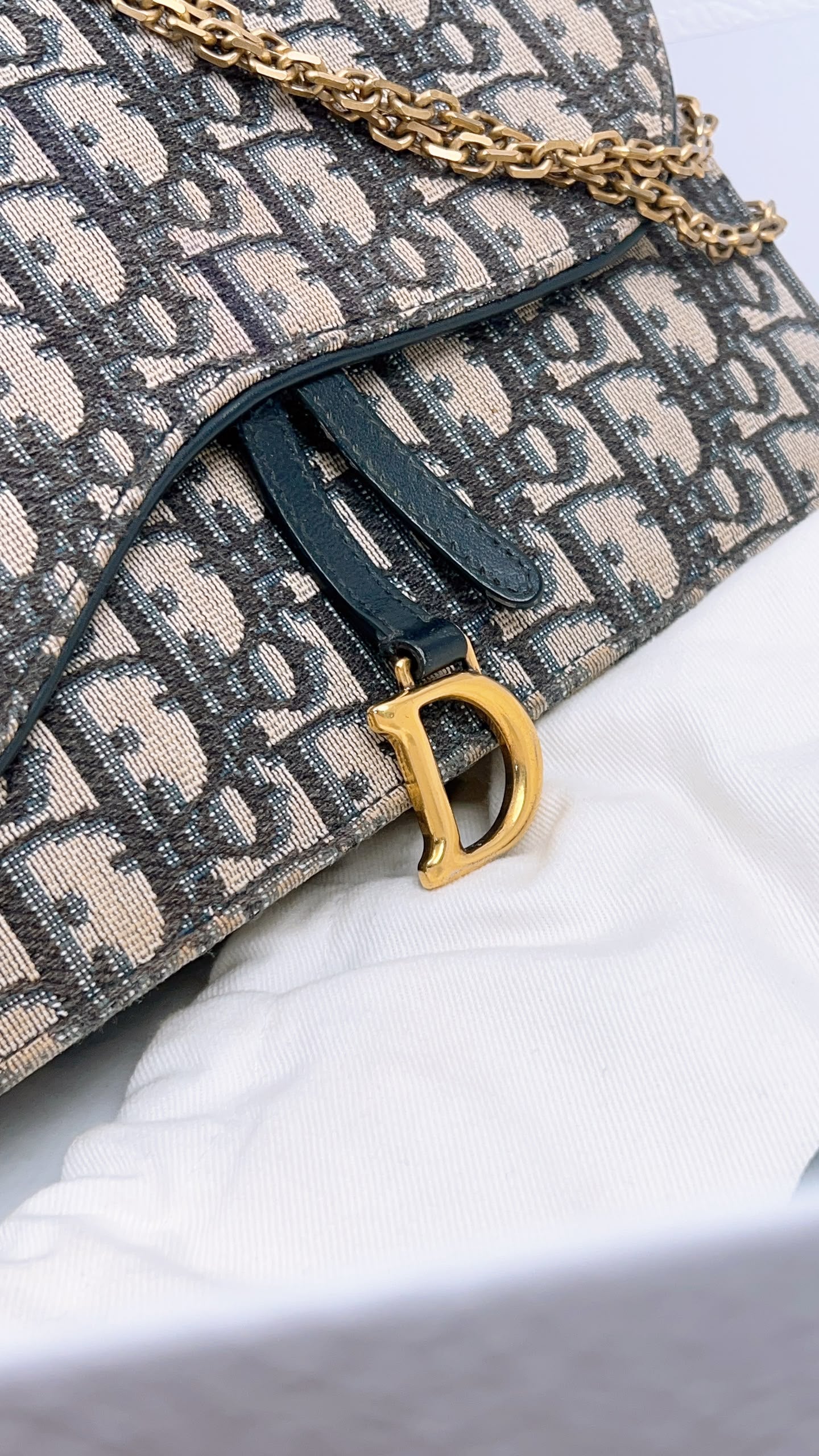 Dior Navy Oblique Large Saddle Pouch w Chain