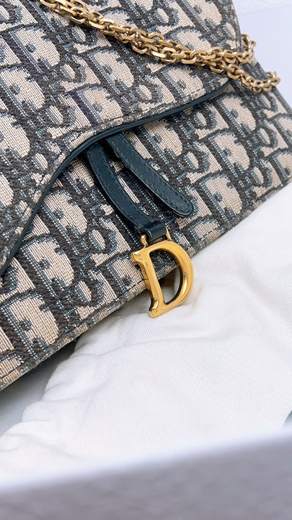 Dior Navy Oblique Large Saddle Pouch w Chain