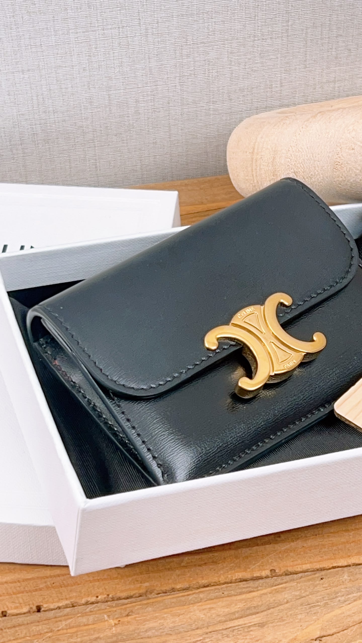 Celine Black Box Calfskin Triomphe Card Holder w Flap