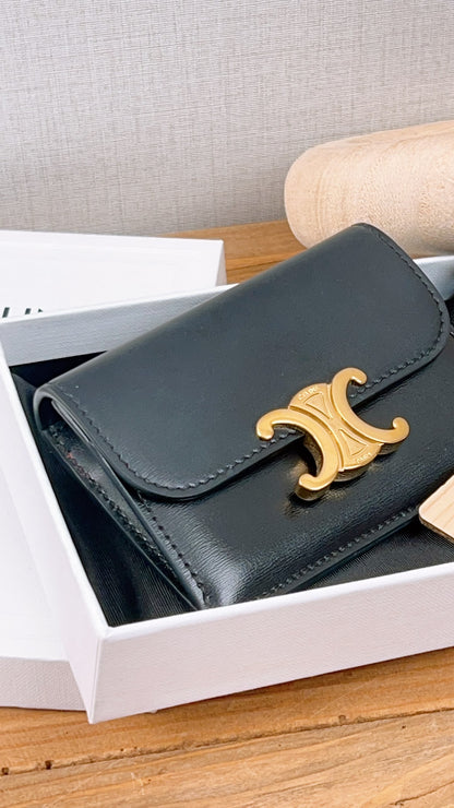 Celine Black Box Calfskin Triomphe Card Holder w Flap