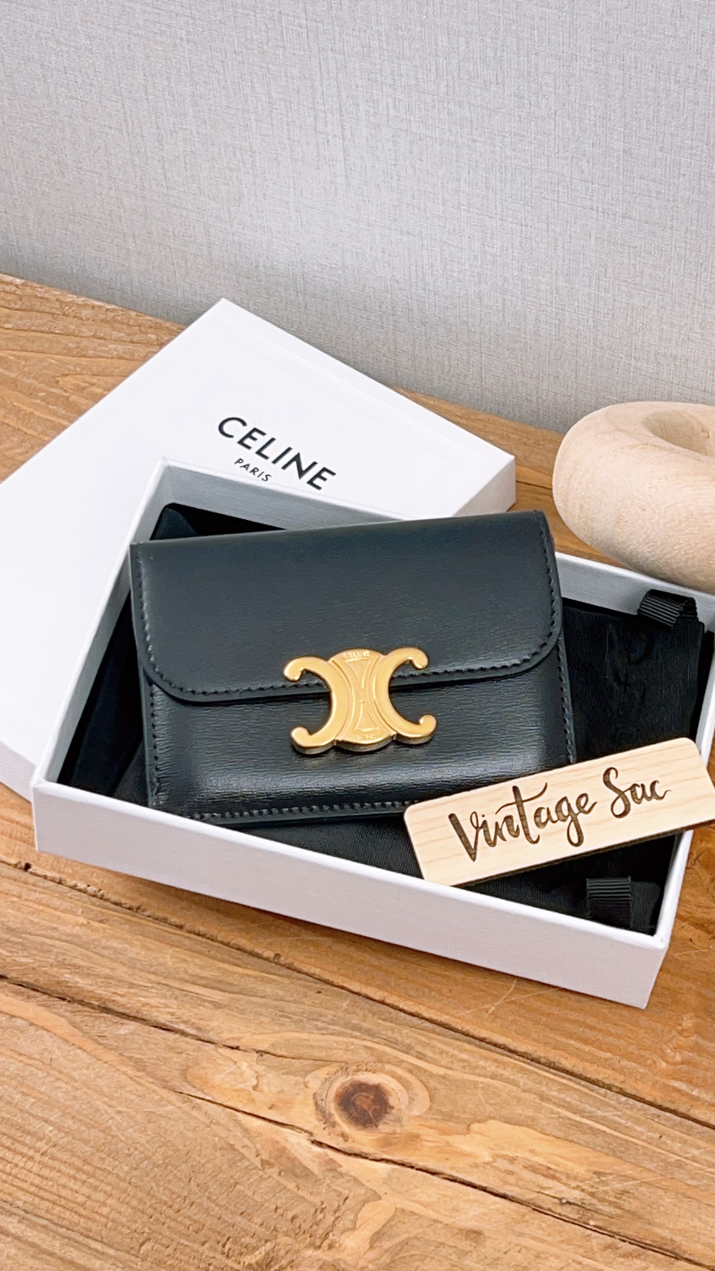 Celine Black Box Calfskin Triomphe Card Holder w Flap