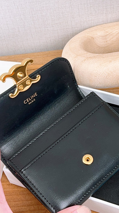 Celine Black Box Calfskin Triomphe Card Holder w Flap