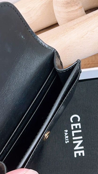 Celine Black Box Calfskin Triomphe Card Holder w Flap