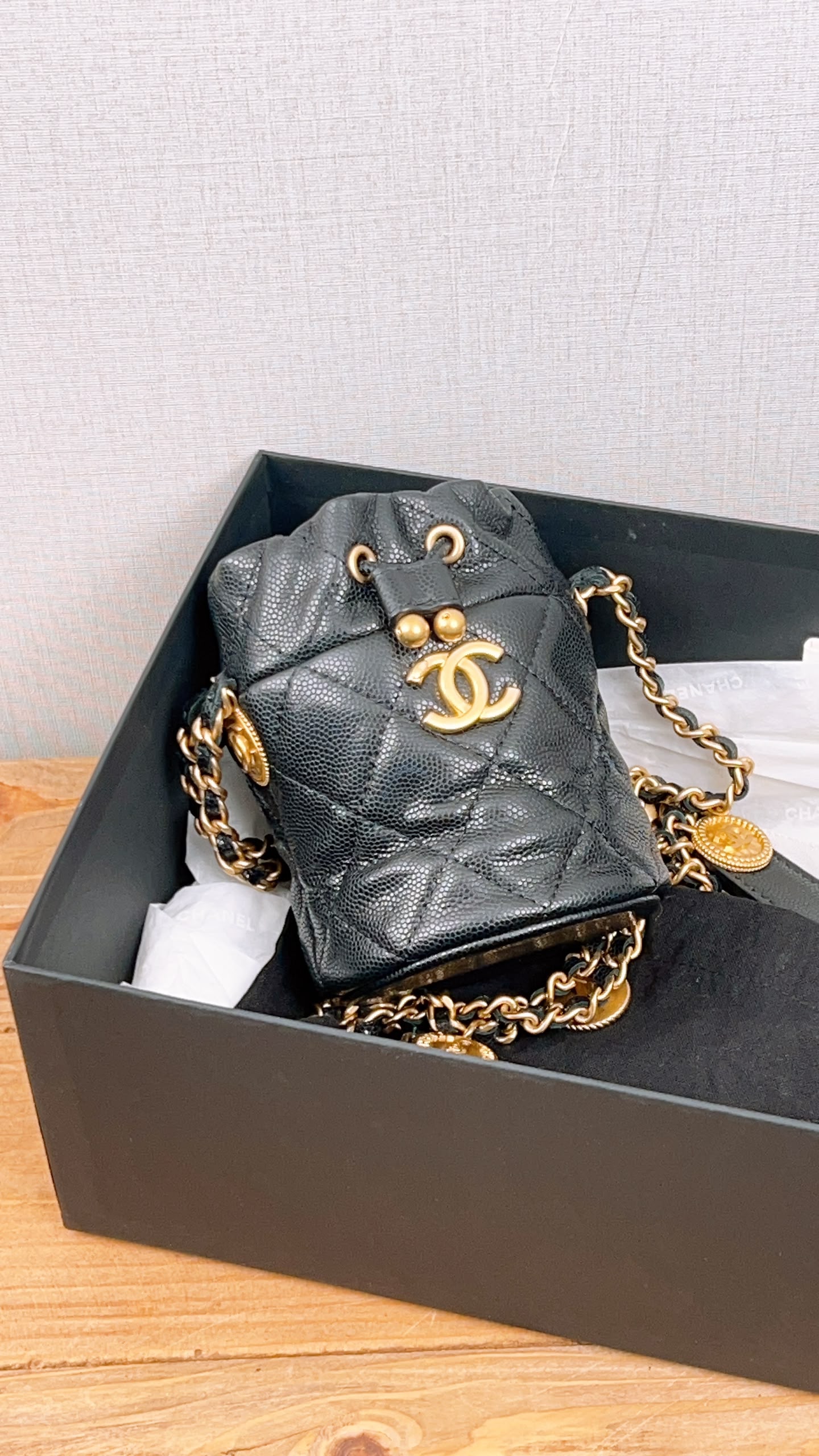 Chanel Black Caviar 22A Thist Your Button Micro Bucket