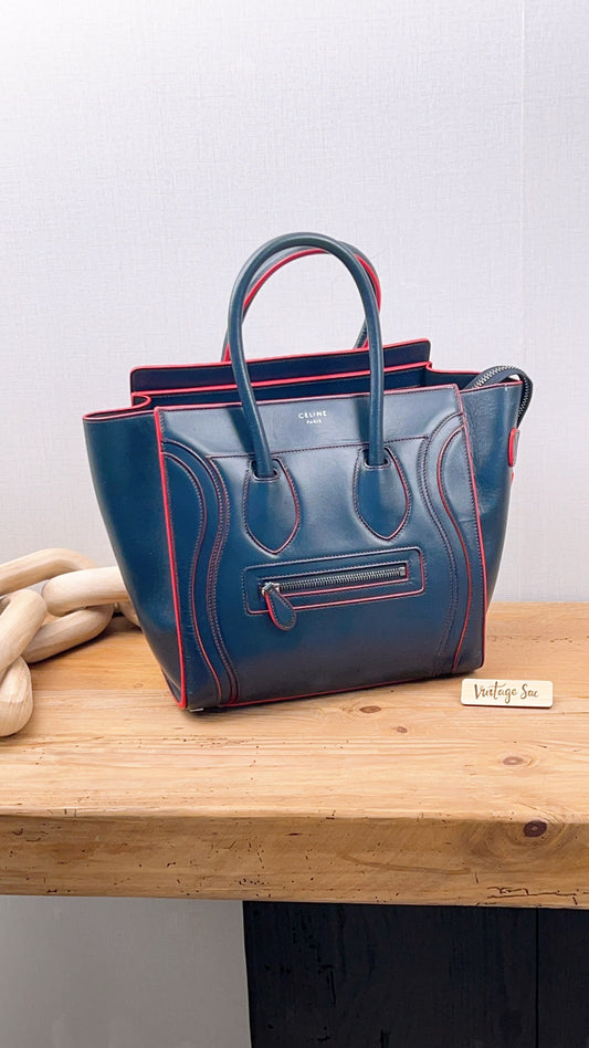 Celine Navy Red Micro Calfskin Luggage Shopper Tote