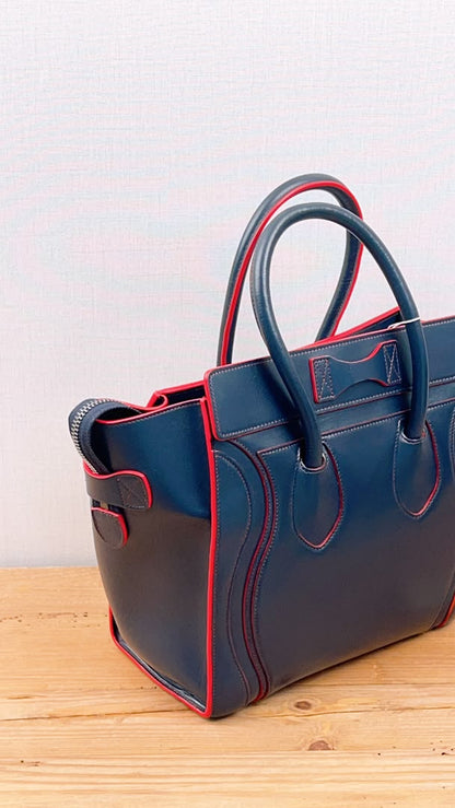 Celine Navy Red Micro Calfskin Luggage Shopper Tote