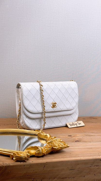 Chanel White Lambskin Vintage Half Moon Double Flap (GHW)