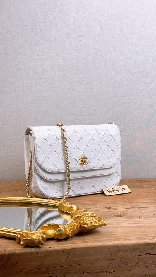 Chanel White Lambskin Vintage Half Moon Double Flap (GHW)
