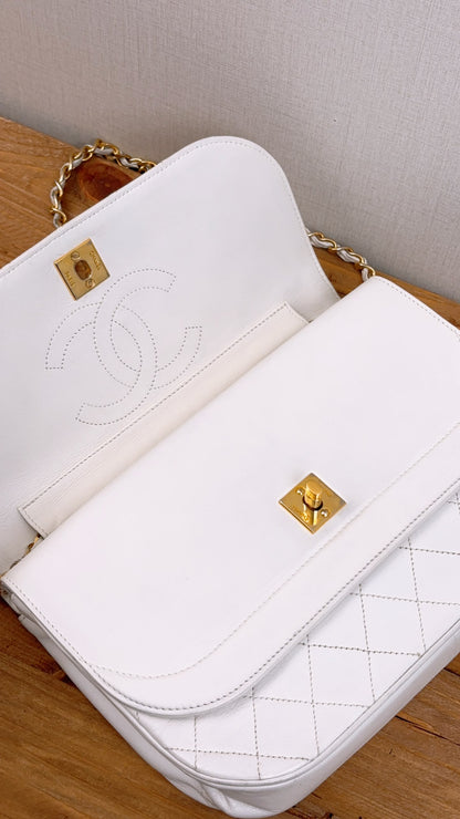 Chanel White Lambskin Vintage Half Moon Double Flap (GHW)