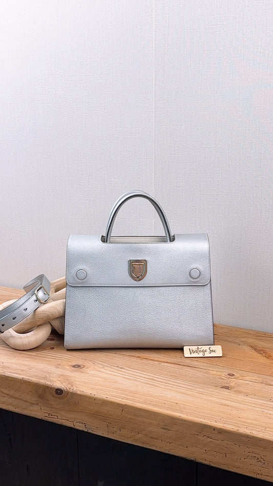 Dior Metallic Silver Calfskin Medium Diorever Tote (SHW)