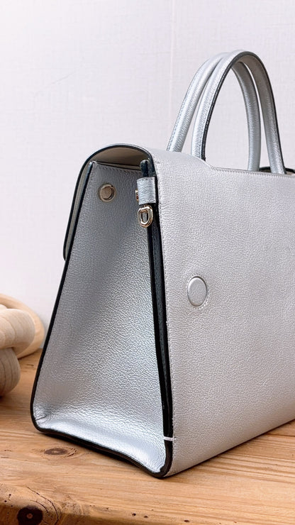 Dior Metallic Silver Calfskin Medium Diorever Tote (SHW)