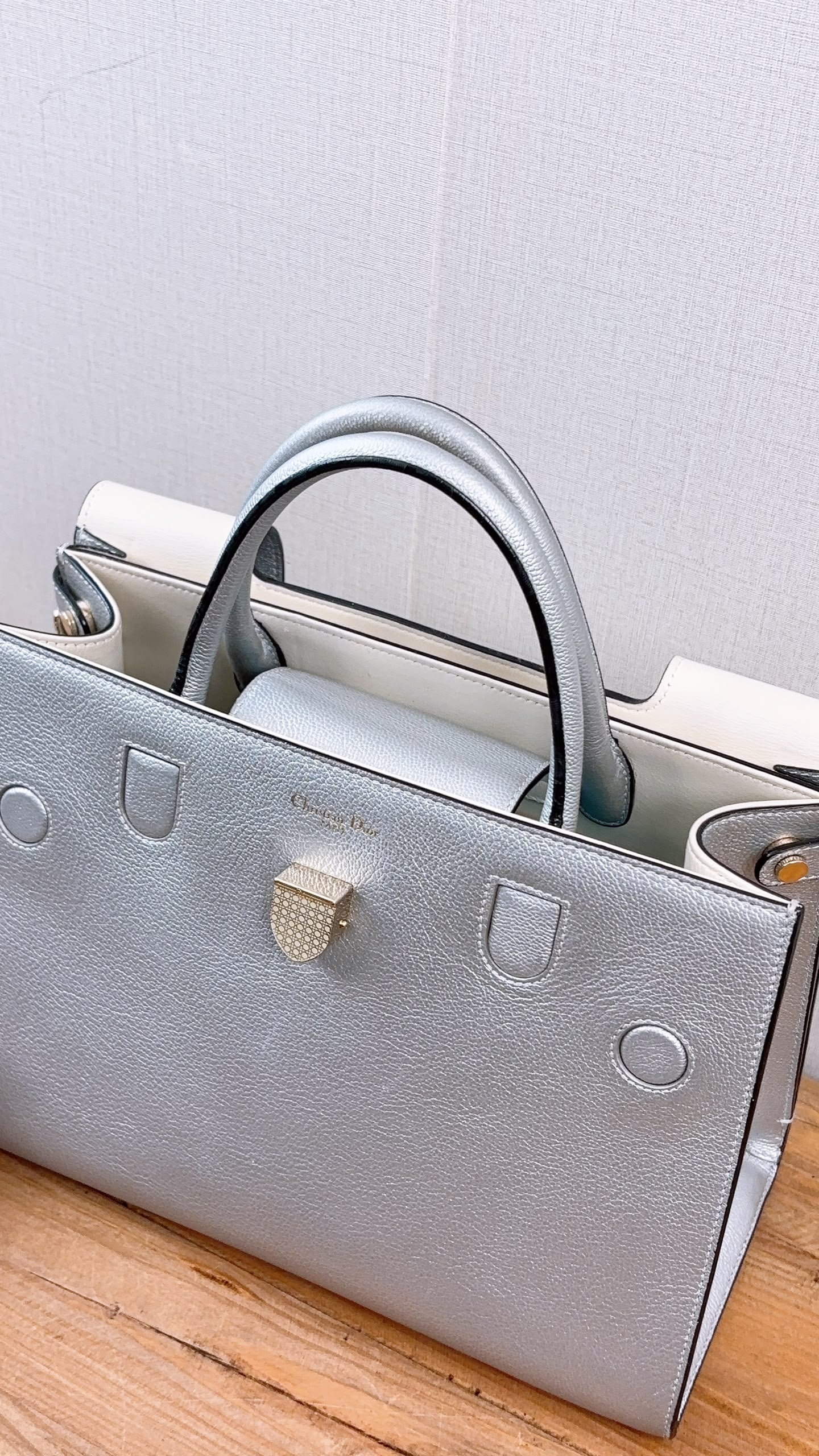 Dior Metallic Silver Calfskin Medium Diorever Tote (SHW)