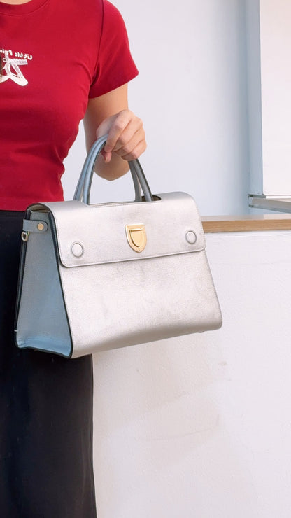 Dior Metallic Silver Calfskin Medium Diorever Tote (SHW)