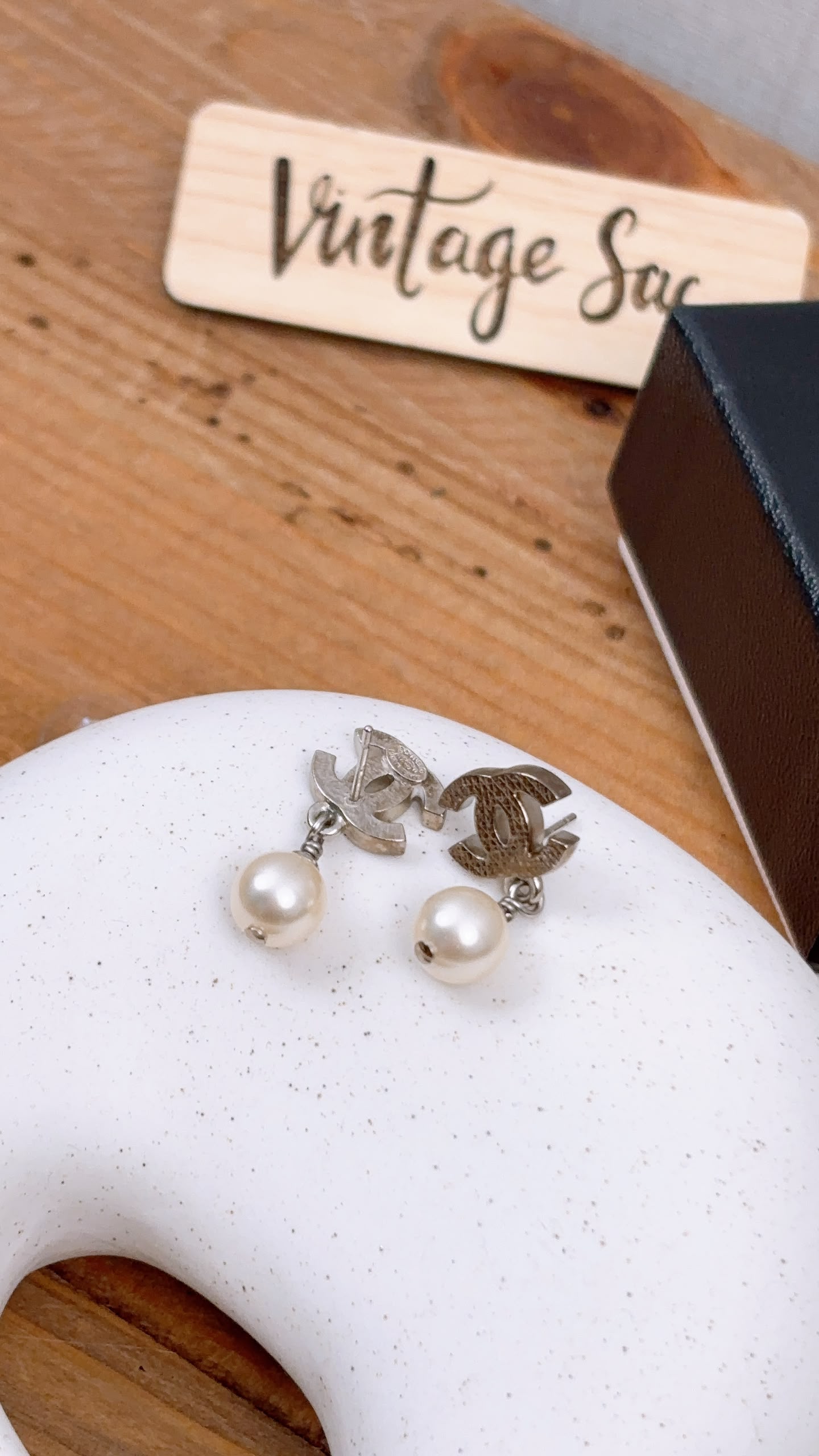 Chanel Silver Mini CC with Pearl Earrings
