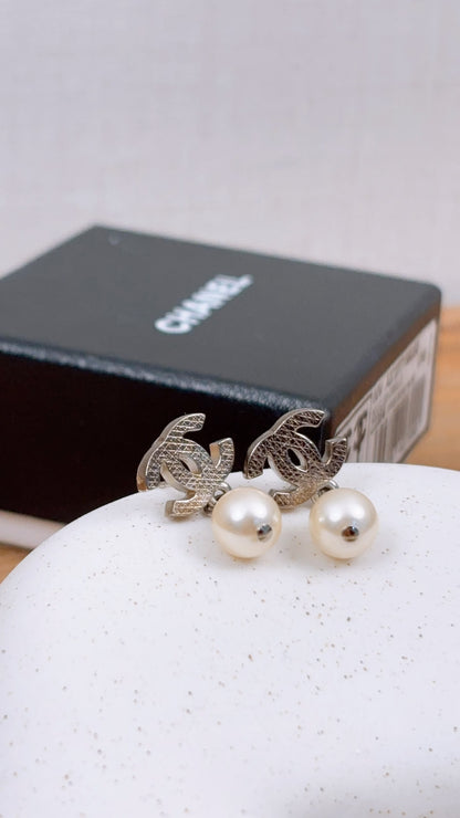Chanel Silver Mini CC with Pearl Earrings