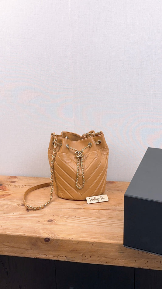 Chanel Caramel Brown Lambskin Small Chevron Bucket Drawstring Bag (LGHW)