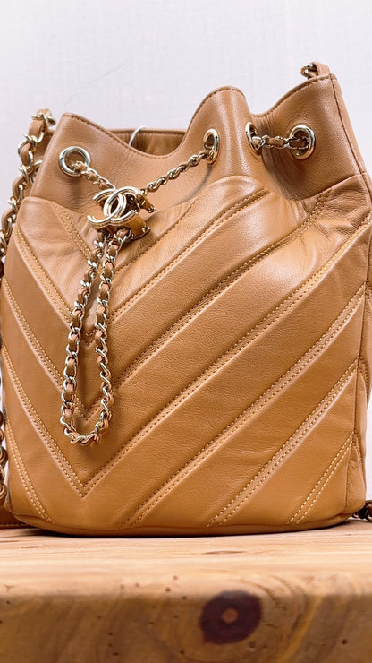 Chanel Caramel Brown Lambskin Small Chevron Bucket Drawstring Bag (LGHW)
