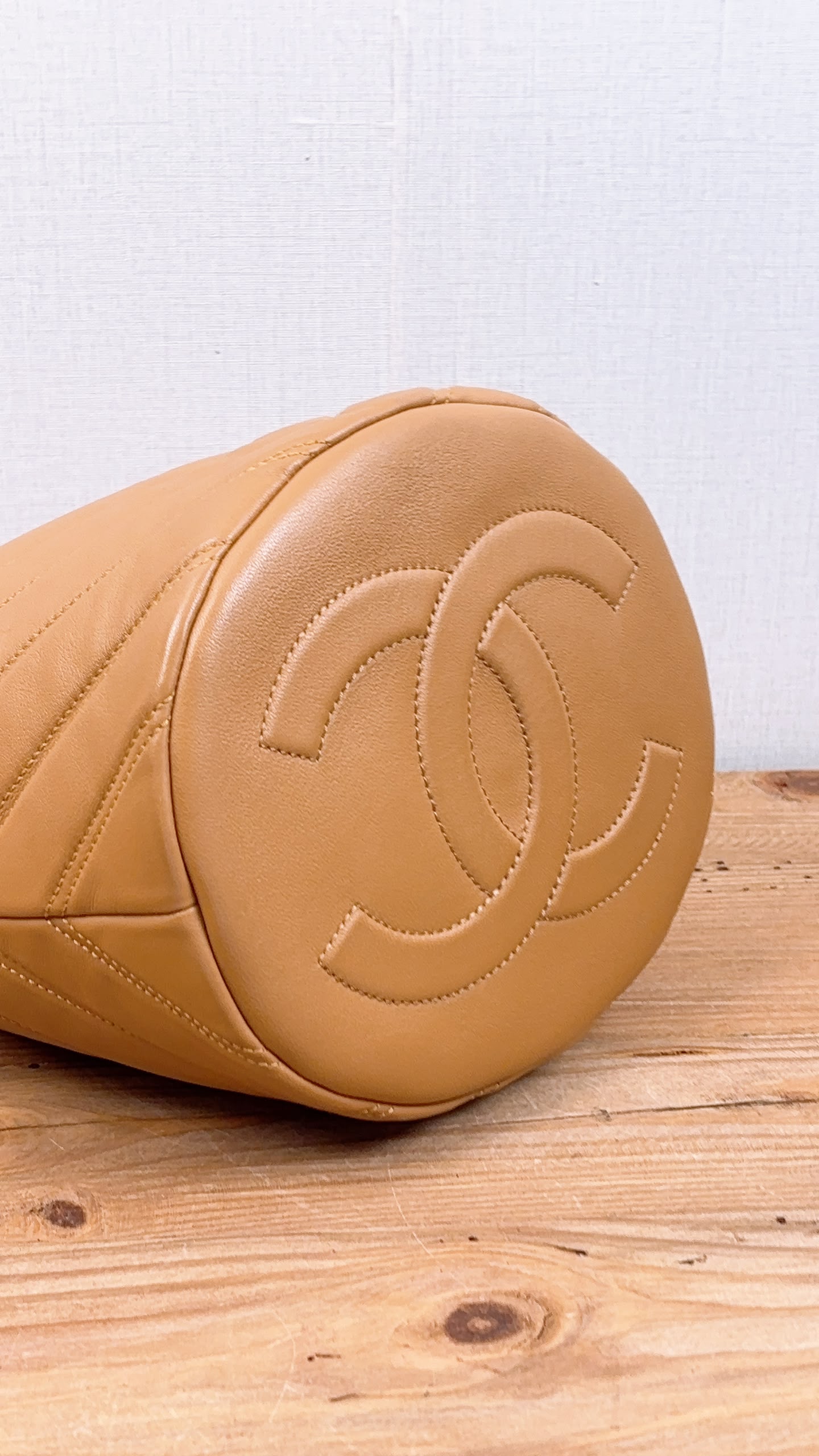Chanel Caramel Brown Lambskin Small Chevron Bucket Drawstring Bag (LGHW)