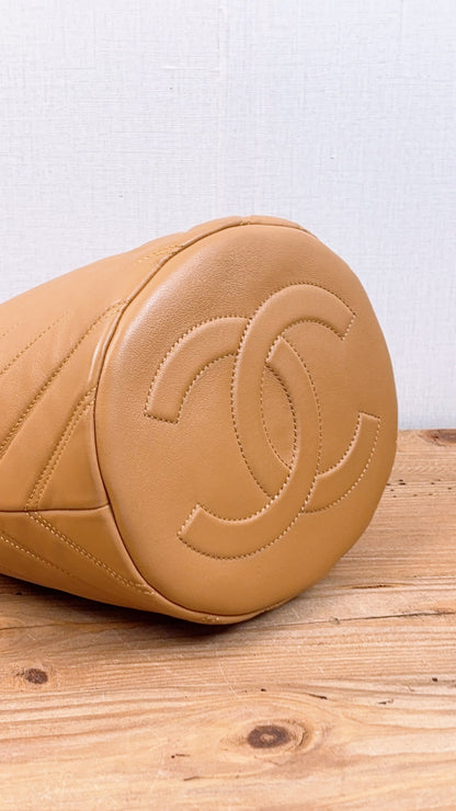 Chanel Caramel Brown Lambskin Small Chevron Bucket Drawstring Bag (LGHW)