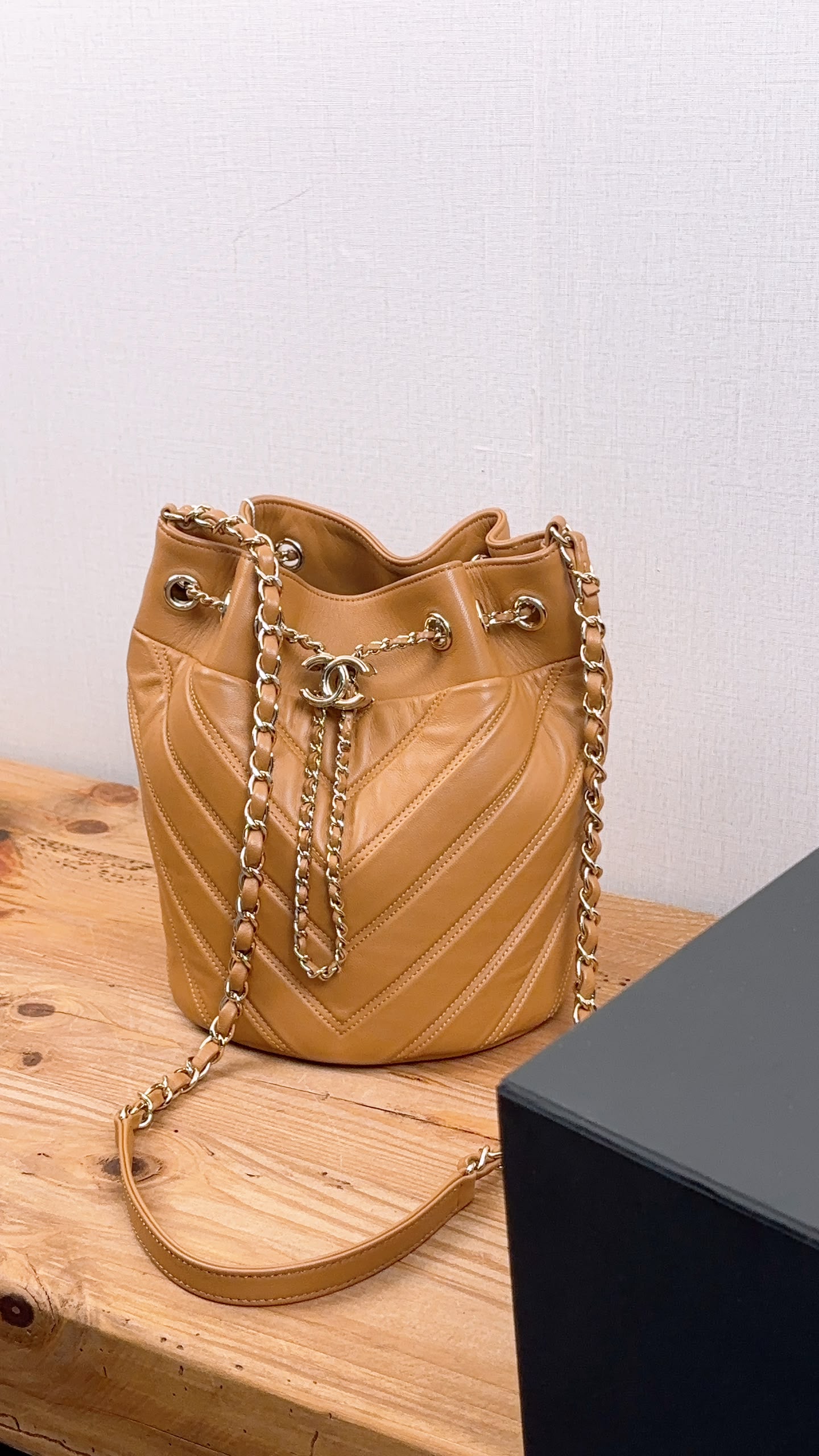 Chanel Caramel Brown Lambskin Small Chevron Bucket Drawstring Bag (LGHW)