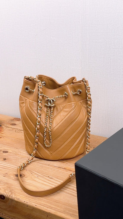 Chanel Caramel Brown Lambskin Small Chevron Bucket Drawstring Bag (LGHW)