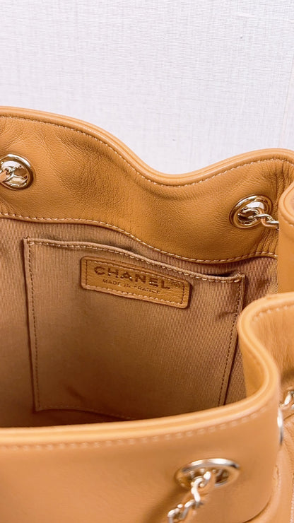 Chanel Caramel Brown Lambskin Small Chevron Bucket Drawstring Bag (LGHW)