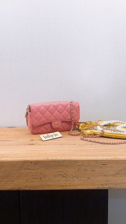 Chanel Pink Caviar Flap Phone Holder w Chain (LGHW)