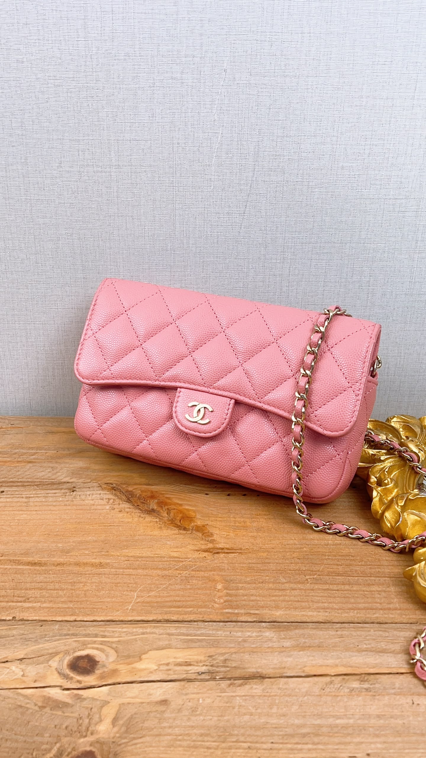 Chanel Pink Caviar Flap Phone Holder w Chain (LGHW)
